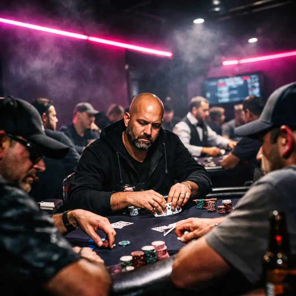 Dealer's hands shuffling a deck of cards on a poker table under dramatic light, with neon signs blurred in the background