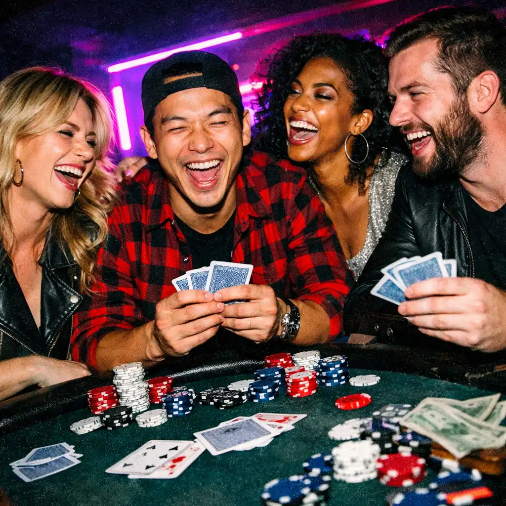 A group of friends laughing and playing cards at a table in a dimly lit card room with neon purple and fuchsia lights