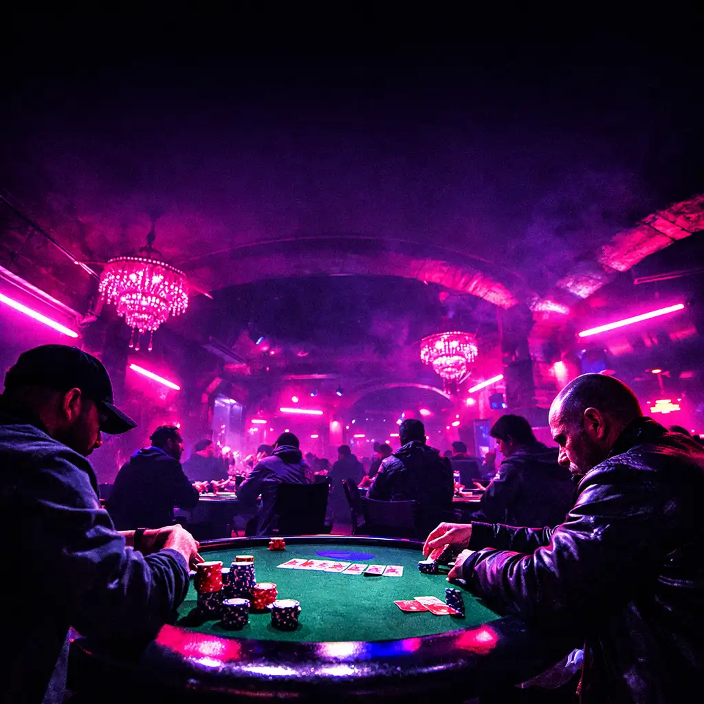 Dimly lit underground card room with poker tables, neon fuchsia and purple lighting, and players focused on their cards