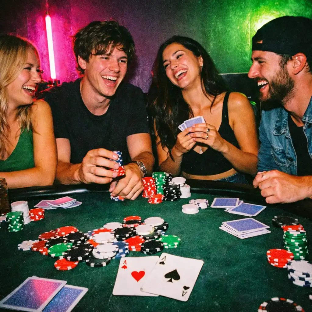 A casual social poker game with friends laughing around a table