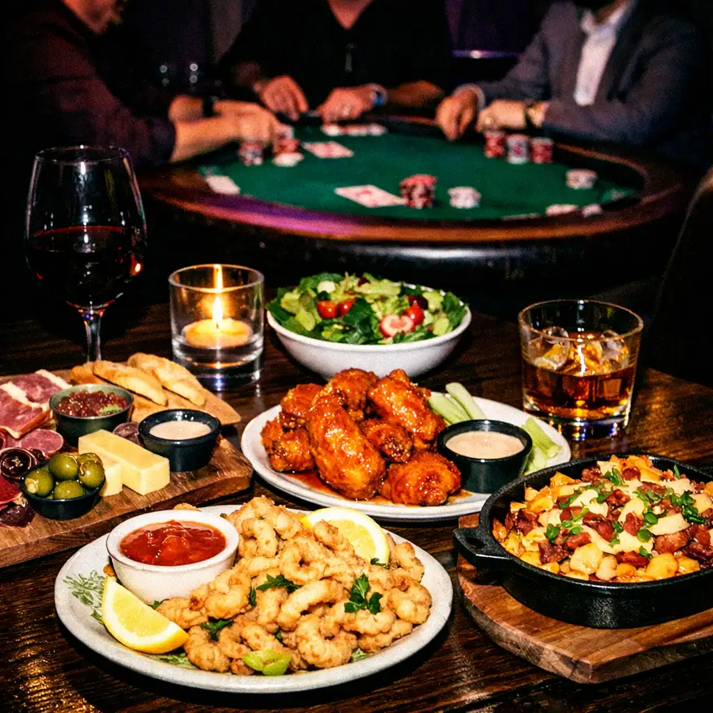 A dining table set with shareable plates near a softly lit poker table