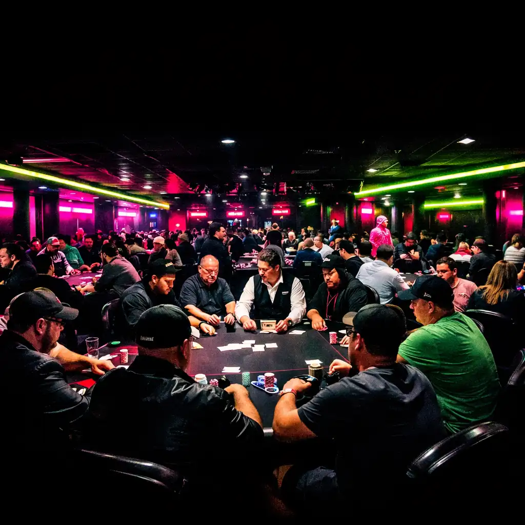 A lively card room at night filled with groups seated around poker tables, neon fuchsia and toxic lime lights reflecting off dark surfaces