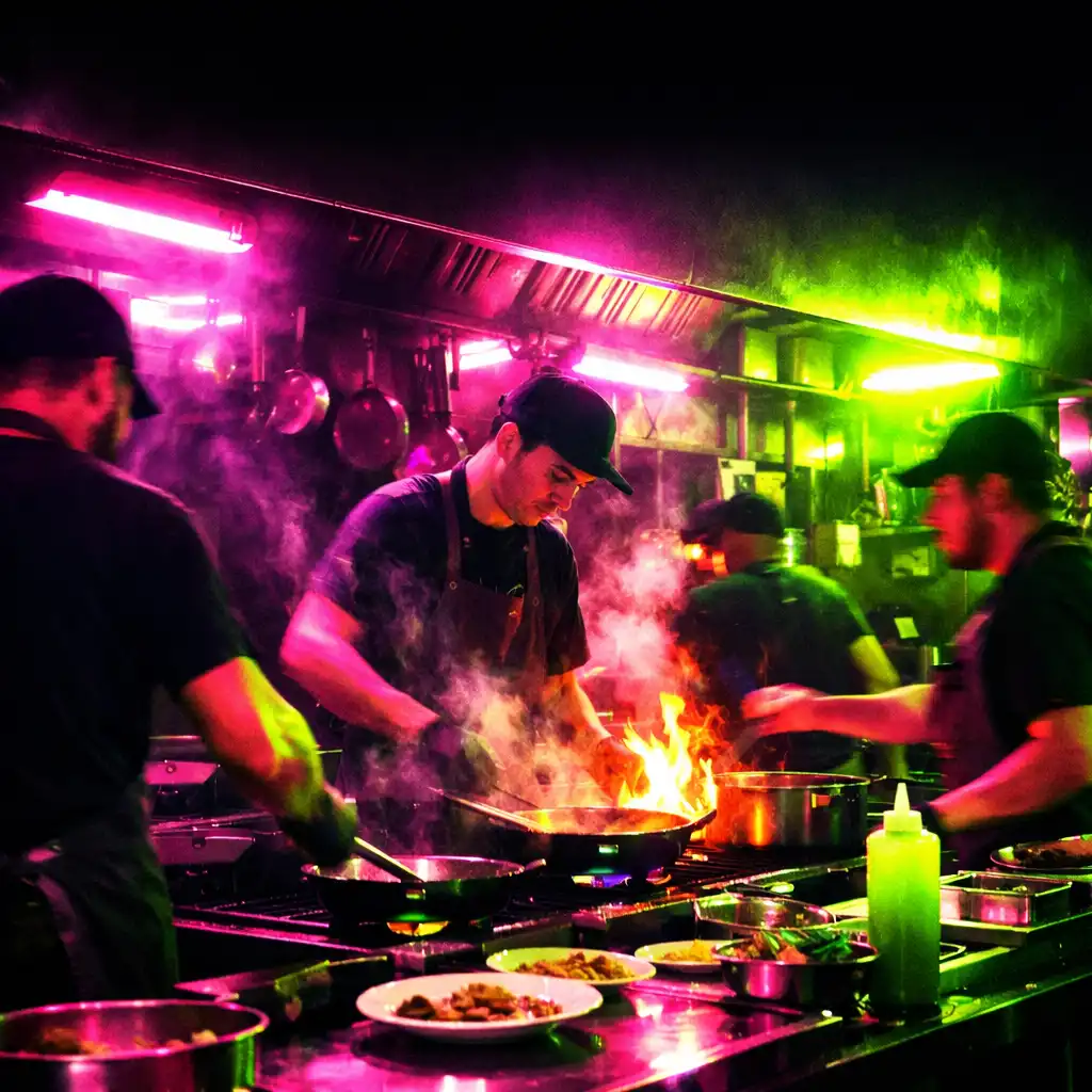 Chefs working in a flash-lit commercial kitchen at night with neon reflections
