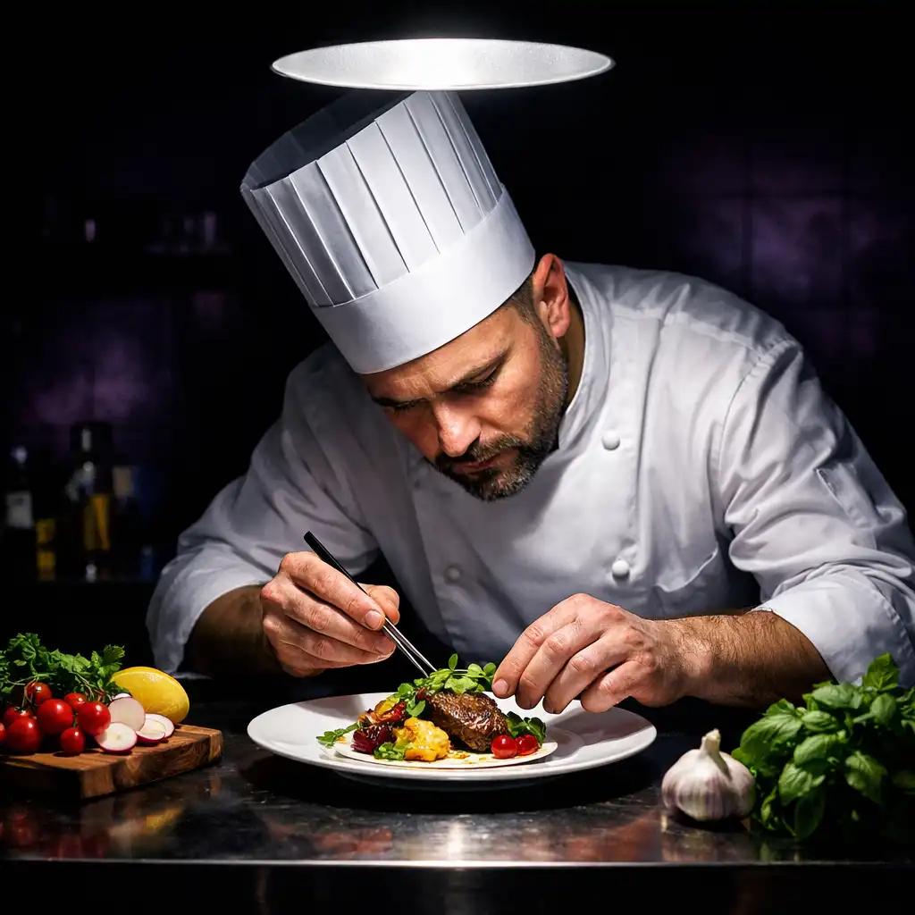 Chef plating a dish in a dark kitchen with fresh ingredients on the counter