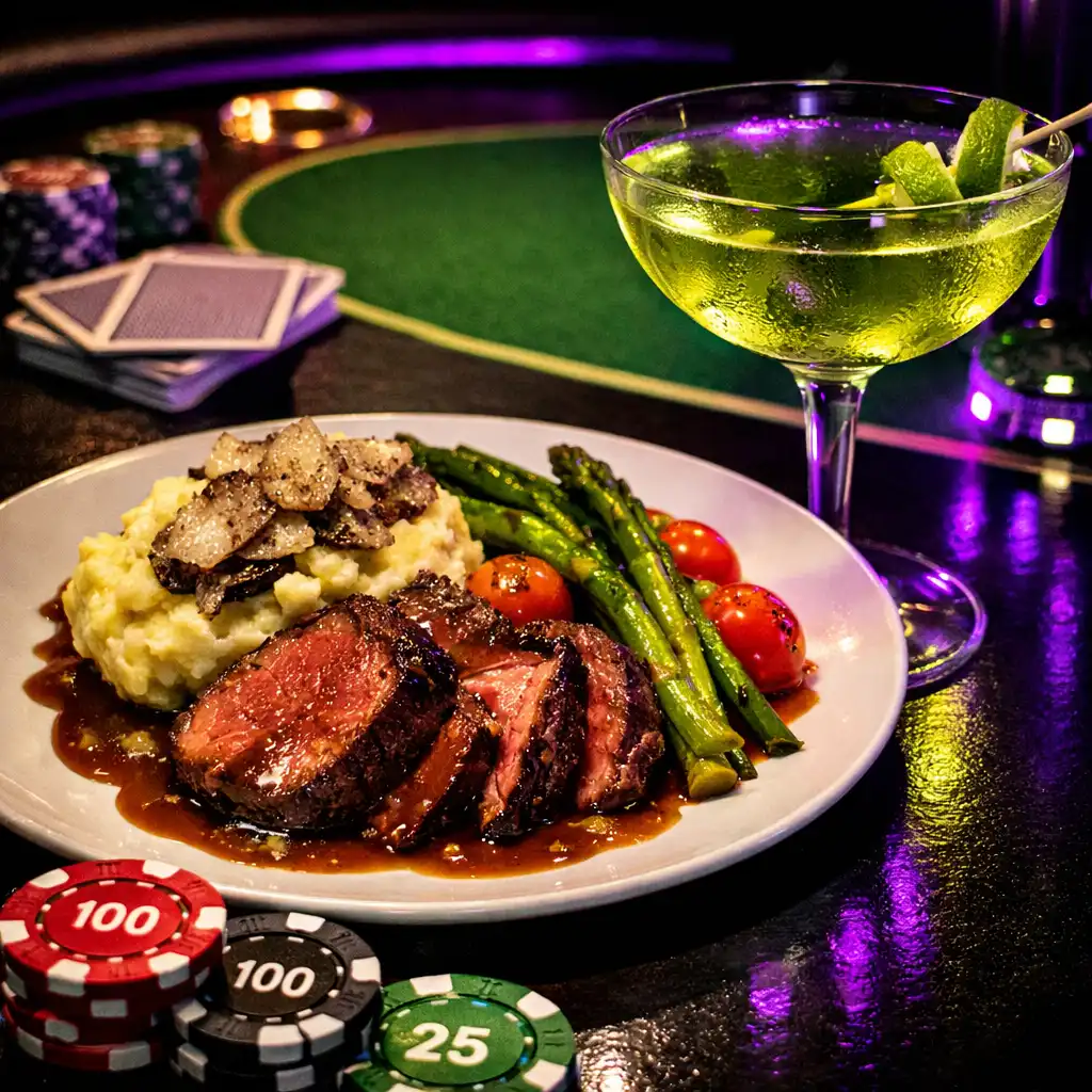Late-night dining spread on a dark table beside a poker table with gourmet food and cocktail