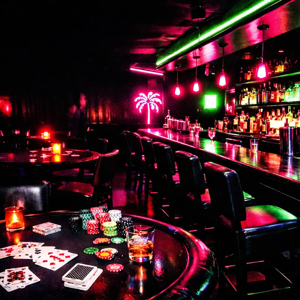 Dimly lit restaurant interior at Grand Card Parlour with neon fuchsia and toxic-lime accents reflecting off dark surfaces