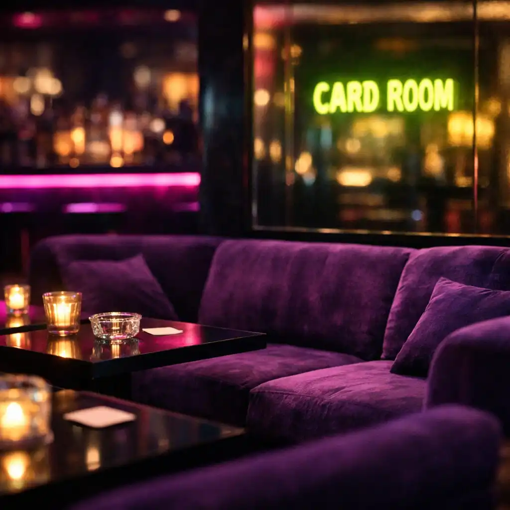 Luxurious lounge area adjacent to the card room, with deep purple velvet seating and soft neon fuchsia accents along the bar