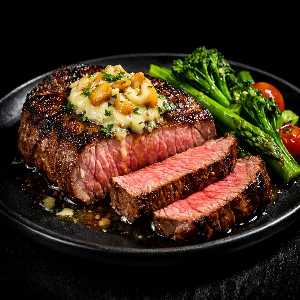 Sliced sirloin steak with roasted garlic butter and seasonal greens on a dark plate