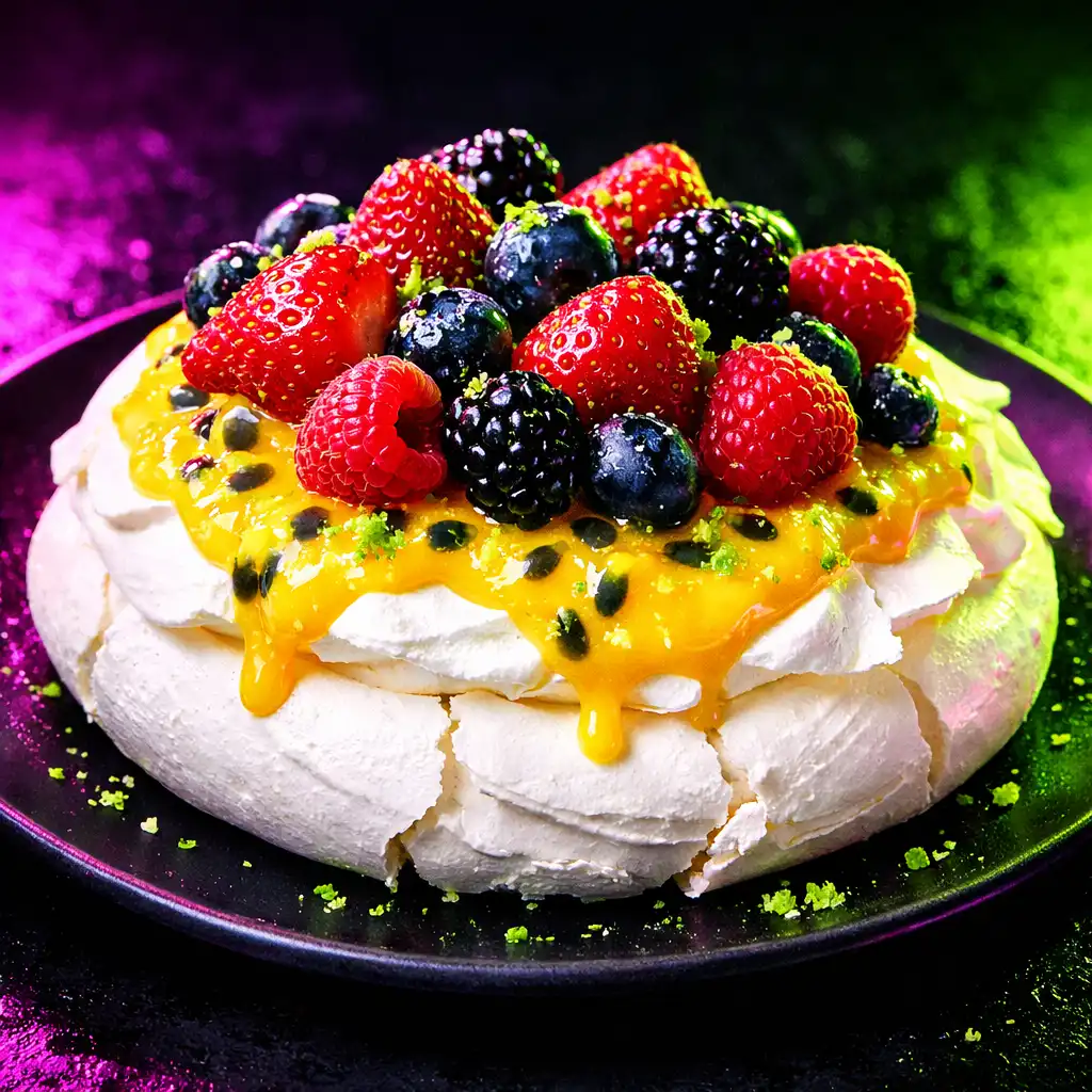 Pavlova with passionfruit curd, fresh berries, and lime zest on a dark plate