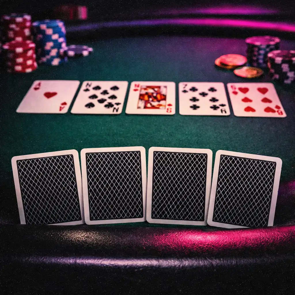Close-up of an Omaha poker game with four hole cards and community cards