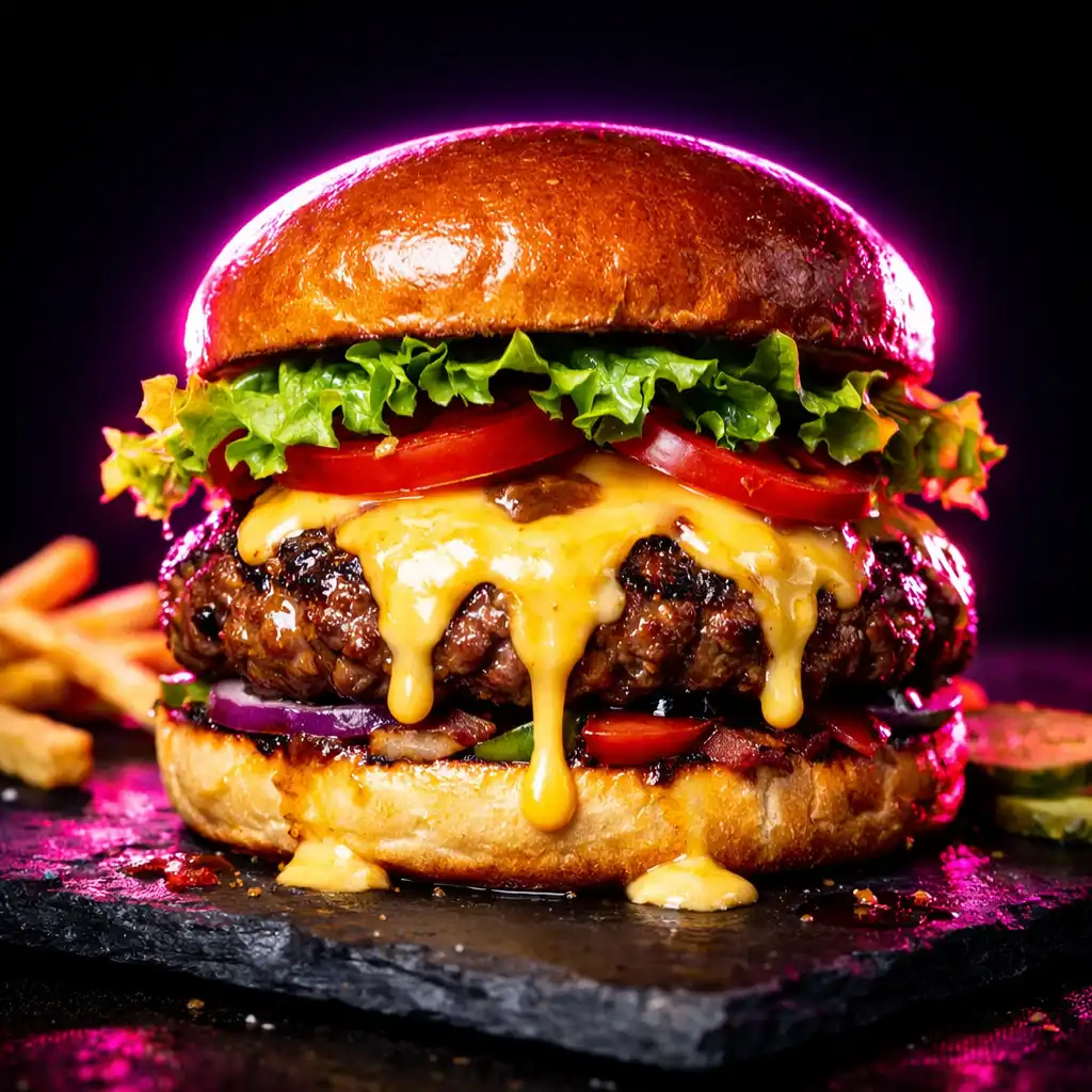 Gourmet burger with melted cheese, lettuce, and brioche bun on a dark slate board