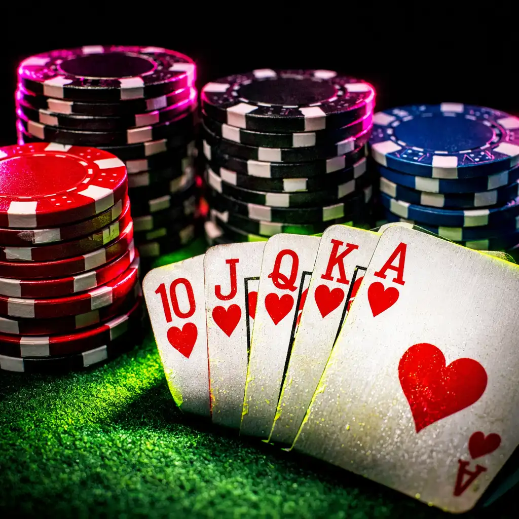 Macro shot of poker chips and playing cards on a green felt table with neon fuchsia rim lighting