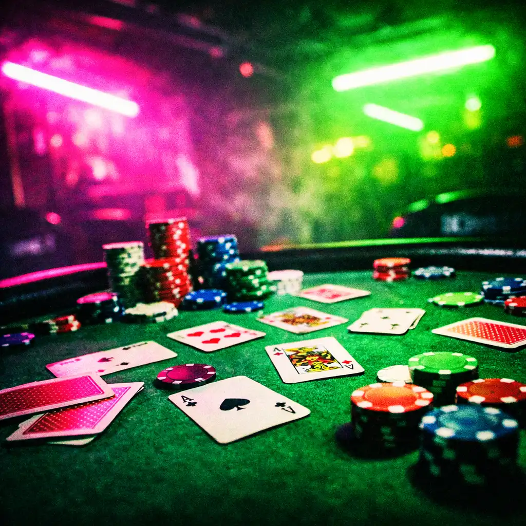 A dramatic poker table in a dark, neon-accented card room