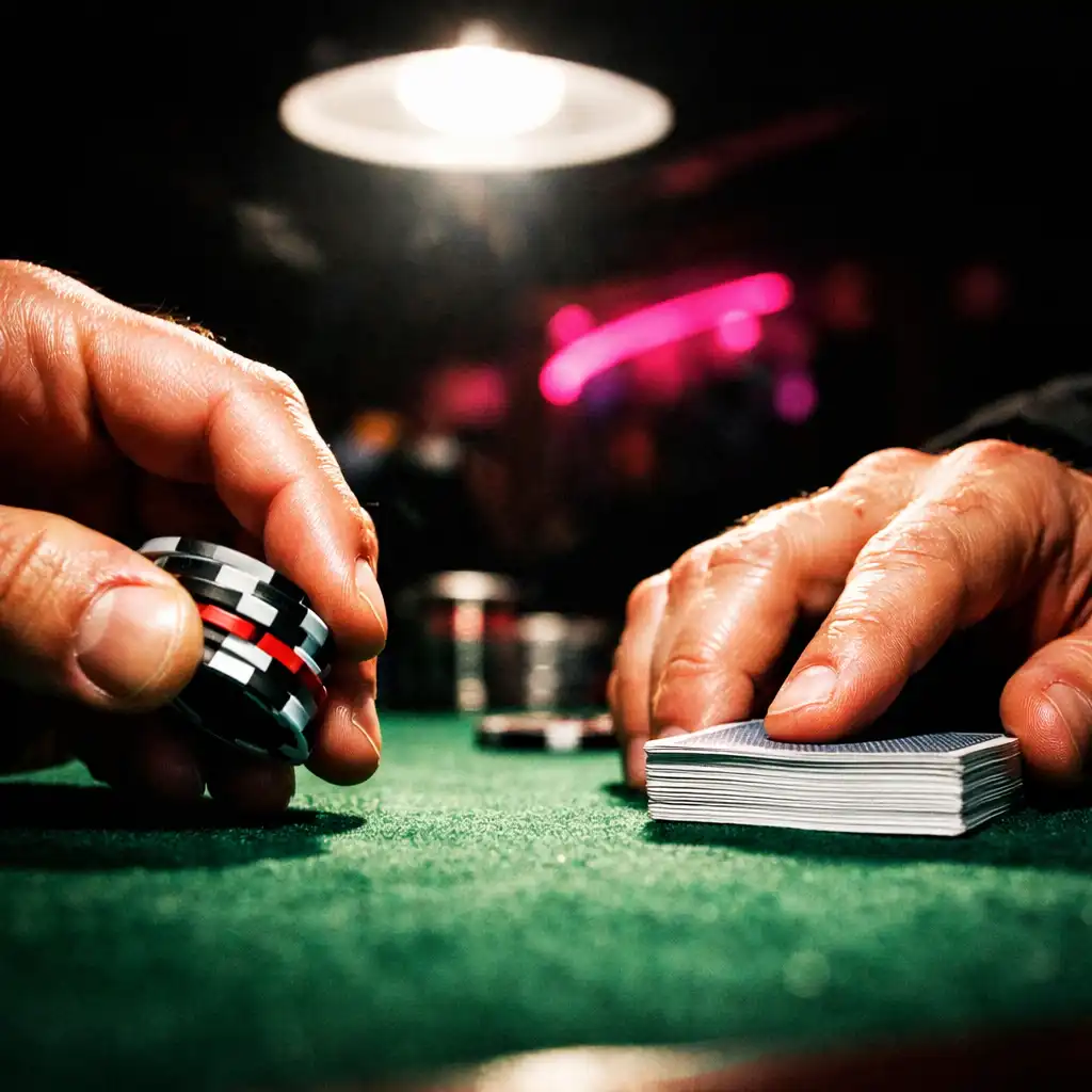 Low-angle close-up of hands at a poker table, with dramatic overhead lighting and blurred fuchsia neon in the background