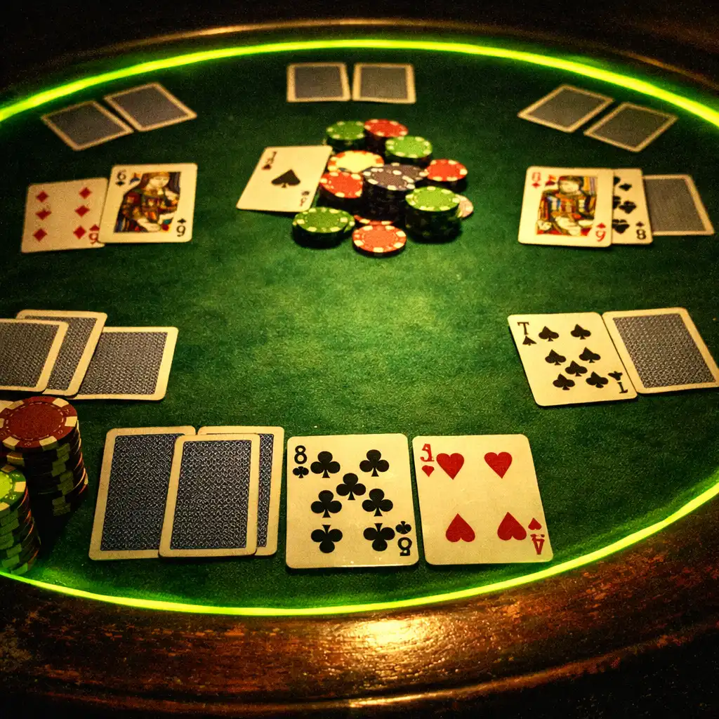 A Seven-Card Stud poker table with a mix of face-up and face-down cards