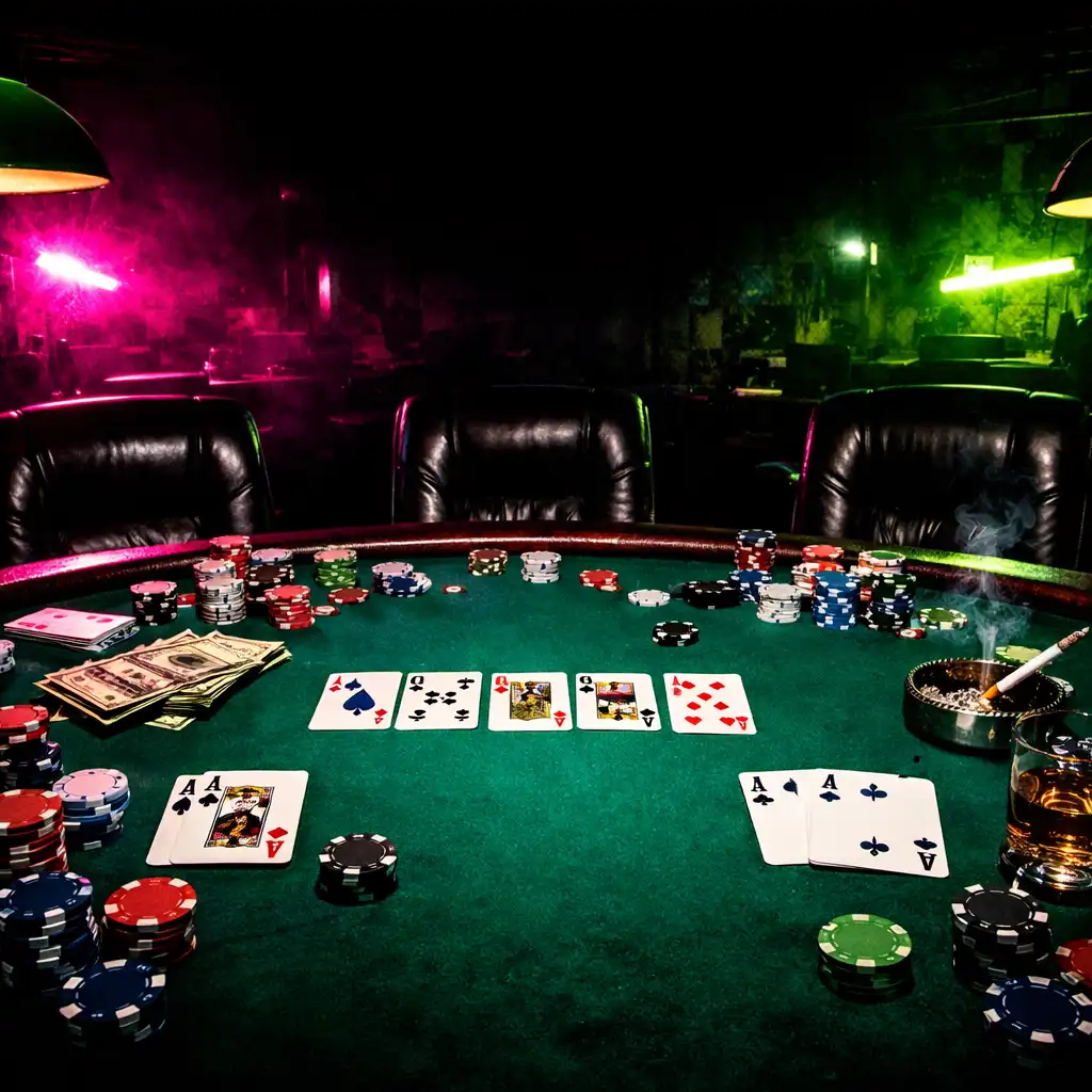 Flash-lit Texas Hold'em poker table in a dark card room with neon fuchsia and lime lights
